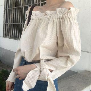 Tied-cuff Off Shoulder Plaid Blouse
