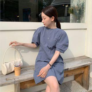 Puff-sleeve Plain A-line Dress As Shown In Figure - One Size