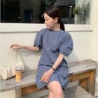 Puff-sleeve Plain A-line Dress As Shown In Figure - One Size