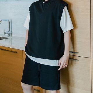 Set: Plain Sleeveless Polo Shirt + Drawstring-waist Straight-cut Shorts