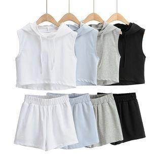 Set: Plain Hooded Crop Tank Top + High-waist Sweatshorts