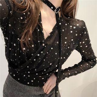 Starry Patterned Long-sleeve Top / Mini A-line Skirt