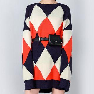 Color Block Long-sleeve Knit Dress Navy Blue - One Size