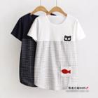 Embroidered Cat Panel Short-sleeve Top