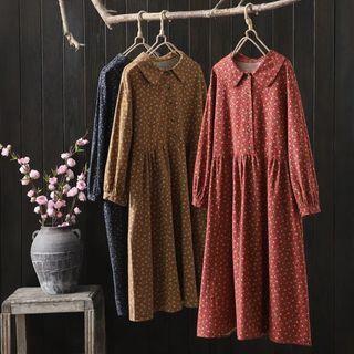 Long-sleeve Peter Pan Collar Floral Midi A-line Dress