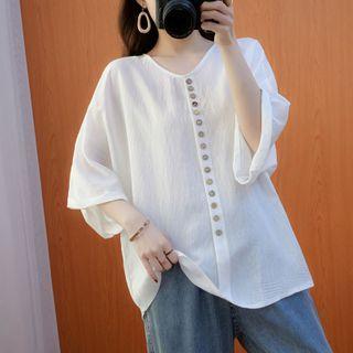 Elbow-sleeve V-neck Button-accent Blouse