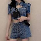 Set: Short-sleeve Cut-out Denim Crop Top + Hot Pants