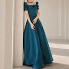 Short-sleeve Square-neck A-line Satin Gown