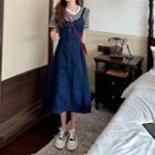 Denim Midi A-line Overall Dress / Short-sleeve Striped T-shirt
