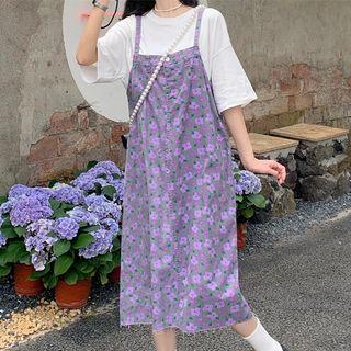 Floral Denim Midi Overall Dress