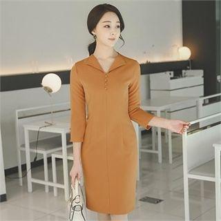 3/4-sleeve Button-trim Sheath Dress