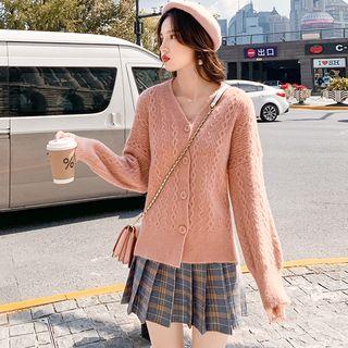 Twist Knit Cardigan / Plaid Pleated Skirt / Set