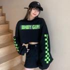 Long-sleeve Plaid Panel Cropped T-shirt Black - One Size