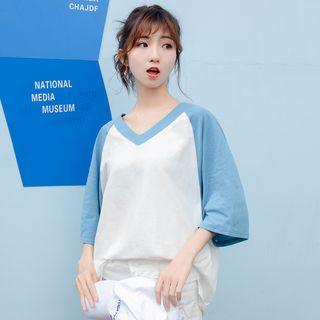 V-neck Color Block Elbow-sleeve T-shirt