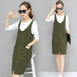 Set: Plain Long Sleeve T-shirt + Pinafore Midi Dress