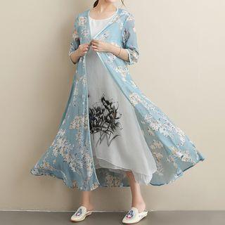 3/4-sleeve Floral Midi A-line Dress White Floral - Blue - One Size