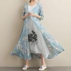3/4-sleeve Floral Midi A-line Dress White Floral - Blue - One Size