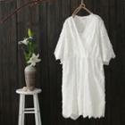 Embroidered Elbow-sleeve A-line Dress White - One Size