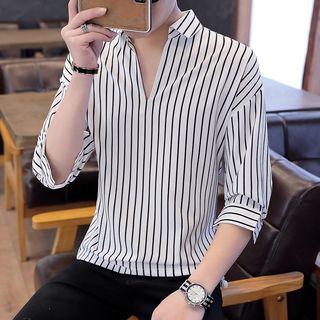 V-neck Elbow-sleeve Striped Shirt