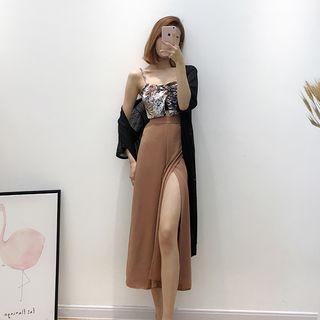 Set: Long Cardigan + Print Spaghetti Strap Top + Slit Wide-leg Pants