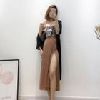 Set: Long Cardigan + Print Spaghetti Strap Top + Slit Wide-leg Pants