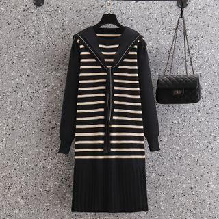 Long-sleeve Sailor Collar Striped Knit Dress