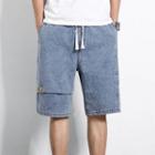 Drawstring-waist Lettering Denim Straight-cut Shorts