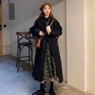 Double-breasted Coat / Floral Print A-line Midi Dress