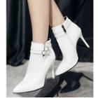 Faux Leather Buckled Pointed High-heel Ankle Boots