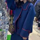 Contrast-trim Woolen Blazer / High-waist Slit Skirt