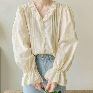 Lace Collar Pintuck Long-sleeve Blouse