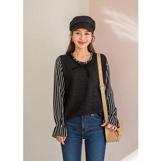 Tall Size Bow-front Striped-sleeve Lightweight Knit Top