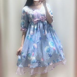 Shell Print Lace Trim Elbow Sleeve Dress