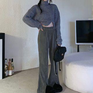 Long-sleeve Turtleneck Asymmetrical Hem Sweater / Slit Flared Pants