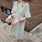 Elbow-sleeve A-line Dress Light Green - One Size