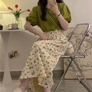Puff-sleeve Plain Shirt / Floral Midi A-line Skirt