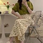 Puff-sleeve Plain Shirt / Floral Midi A-line Skirt