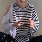 Long-sleeve Striped Cutout T-shirt Stripe - Black & White - One Size