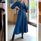 Denim Set: Cropped Blouse + Maxi Skirt Dark Blue - One Size