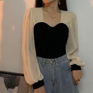 Puff-sleeve Paneled Blouse Black - One Size