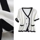 Short-sleeve Double-breasted Contrast-trim Knit Cardigan