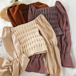 Chiffon Panel Off-shoulder Long-sleeve Knit Top
