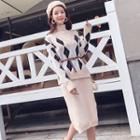 Set: Argyle Sweater + Mock-neck Sleeveless Knit Dress