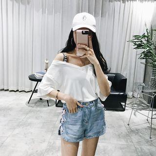 Lettering Strap Off Shoulder Elbow Sleeve T-shirt