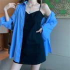 Long-sleeve Cold Shoulder Striped Shirt / Spaghetti Strap Mini Sheath Dress