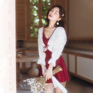 Set: Open-back Swim Dress + Bell-sleeve Cover-up