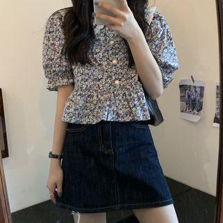 Short-sleeve Flower Print Blouse / Denim Mini A-line Skirt