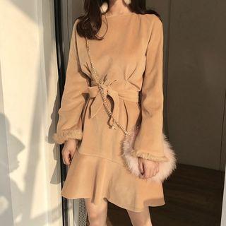 Faux-fur Trim Tie-waist Long-sleeve A-line Dress