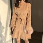 Faux-fur Trim Tie-waist Long-sleeve A-line Dress