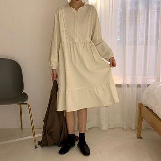 Long-sleeve Half-button Midi A-line Dress Dress - Off-white - One Size